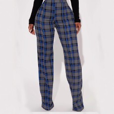 批发亚马逊2026新款欧美时尚潮流通勤高腰格纹复古阔腿裤女装大码直筒