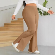 批发亚马逊时尚优雅大码裤气质<b class='q'>通勤</b>休闲纯色开叉喇叭裤