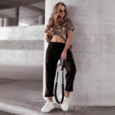 批发欧美外贸夏季新款优雅气质百搭纯色高腰豹纹大码裤