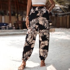 批发亚马逊欧美夏季时尚休闲气质植物印花高腰假抽绳大码裤