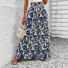 批发新款亚马逊外贸夏季大码裤女式印花收腰假抽绳宽松阔腿裤