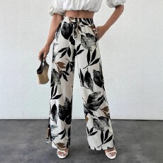 批发亚马逊欧美时尚大码女士休闲假抽绳花卉印花阔腿裤