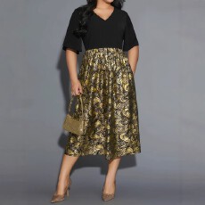 批发欧美新款亚马逊<b class='q'>夏</b>季大码服饰休闲优雅V领印花女士连衣裙