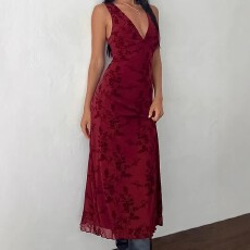 批发<b class='q'>夏</b>季亚马逊欧美新款大码女士高级感印花性感连衣裙