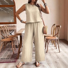 批发欧美亚马逊新款大码女士休闲套装夏天优雅系带无袖背心阔腿裤子