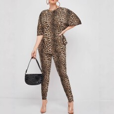 批发欧美高级感轻奢豹纹印花裤套装新款圆领显瘦百搭短袖<b class='q'>休闲</b>裤