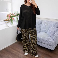 批发<b class='q'>欧美</b><b class='q'>大码</b>两件套纯色长袖上衣和迷彩印花长裤两件套迷彩印花套装