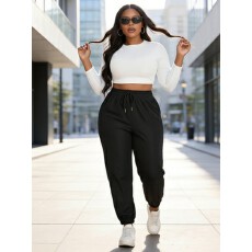 批发<b class='q'>大码</b>女装夏季欧美时尚休闲优雅抽绳腰带运动裤束脚裤长袖修身T恤