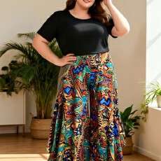 批发欧美大码时尚优雅休闲女装套装短袖圆领T恤搭配不对称下摆阔腿裤