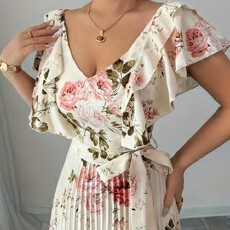 批发大码女式时尚优雅荷叶边百褶系带设计感满满连衣裙-