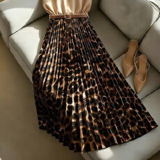 批发大码女士时尚休闲气质优雅豹纹拼接百褶女装连衣裙