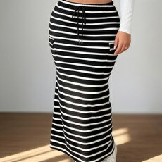 批发女士加大码女式条纹印花抽绳口袋半身裙