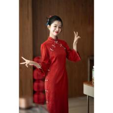 批发囍缘中式红色旗袍敬酒服新娘古法结婚订婚礼服裙七分长袖<b class='q'>春</b>秋款女