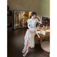 批发【一梦江南】新中式<b class='q'>夏</b>日新款巨好看清冷感淡冷系剪花旗袍连衣裙