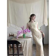 批发新中式国风【幽兰】温婉清雅旗袍连衣裙女<b class='q'>夏</b>季新款显瘦收腰长裙子