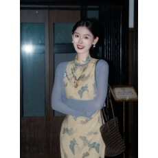 批发凌茜恣禾【清荷】新中式蝴蝶印花改良旗袍女<b class='q'>夏</b>季复古镂空连衣裙