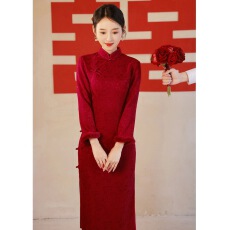 批发红色礼服裙冬天<b class='q'>旗袍</b><b class='q'>新娘</b>结婚便装敬酒服冬季新款订婚加绒秋冬