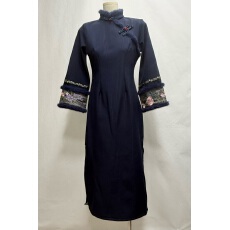 批发2025新中式改良倒大袖旗袍裙藏蓝色秋冬新款加厚保暖连衣裙高级感