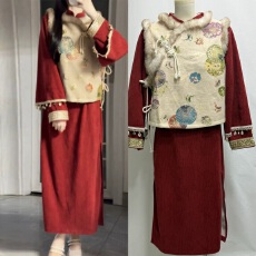 批发新中式国风套装新年穿搭马甲红色改良旗袍连衣裙女搭配一整套冬装