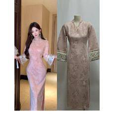 批发新中式国风粉色改良旗袍连衣裙秋温柔麂皮绒刺绣珠链旗袍桃花乌龙