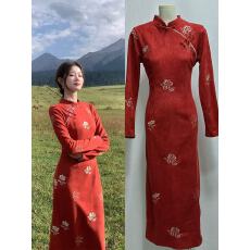 批发【醉红妆】秋季新款新中式显瘦红色刺绣礼服改良旗袍连衣裙