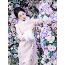 批发2025年<b class='q'>秋</b>冬季新款粉色旗袍加绒加厚改良新中式复古国风长袖连衣裙