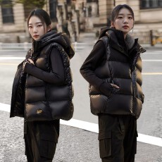 批发黑金羽绒马甲冬季女款背心外穿高级感鸭绒连帽马夹无袖羽绒服3218