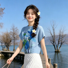批发三宅风褶皱上衣女装短袖女<b class='q'>衣服</b>夏季韩系正肩女t恤新款温柔风9658