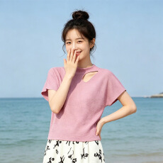 批发三宅风褶皱上衣<b class='q'>女装</b>短袖衣服韩系短款t恤<b class='q'>女装</b>高级感夏季上衣9666