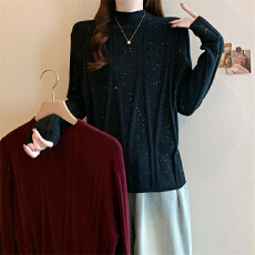 批发<b class='q'>大码</b>女装25秋冬新款简约通勤半高领亮丝打底衫坑条纹显瘦内搭上衣