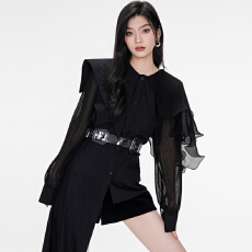 批发实拍暗黑系个性长袖衬衫女重工设计感<b class='q'>不规则</b>拼接压褶衬衫裙配腰带