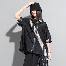 批发实拍夏天短袖扎染个性拼接<b class='q'>衬衫</b>薄款翻领休闲潮牌百搭时尚短袖女