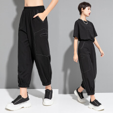 批发实拍束脚<b class='q'>哈伦</b>裤松紧腰宽松百搭九分裤白线撞线个性设计潮牌女裤子