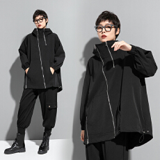 批发实拍中长款连帽风衣胖MM休闲大码女装斜拉链小众设计<b class='q'>街头</b>外套国潮