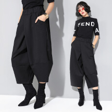 批发实拍ins风暗黑系欧美女休闲裤春秋季新款松紧腰显瘦潮阔腿<b class='q'>七分裤</b>