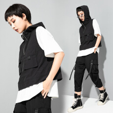 批发连帽马甲休闲宽松无袖女装<b class='q'>夏</b>季薄款个性拼接百搭上衣小众设计背心