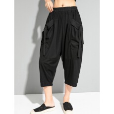 批发实拍夏季欧美女装休闲裤暗黑<b class='q'>七分裤</b>宽松薄款大口袋七分<b class='q'>哈伦</b>裤