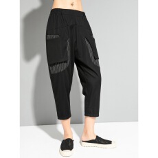 批发实拍女裤夏季新款休闲裤拼接条纹口袋显瘦凉爽<b class='q'>哈伦</b>裤宽松<b class='q'>七分裤</b>子