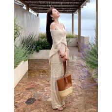 批发气质茶歇镂空V领针织吊带连衣裙女装<b class='q'>夏</b>季无袖修身披肩上衣两件套