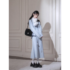 批发「冰雪蓝调」星云蓝细闪<b class='q'>小香风</b>显瘦毛织抽绳开衫+吊带<b class='q'>连衣裙</b>