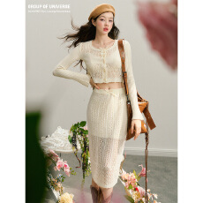 批发银河万岁“八月的气息”镂空米白色针织开衫薄款上衣<b class='q'>半身裙</b>套装秋