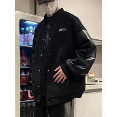 批发棒球服美式街头字母黑色呢子PU皮袖子单排扣拼接情侣长袖夹克外套