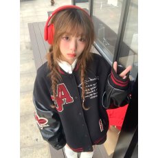 批发美式复古撞色pu皮棒球服外套女春秋<b class='q'>嘻哈</b>高街宽松毛巾绣飞行员夹克