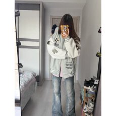 批发美式高街重工字母刺绣拼接夹克棒球服女春秋季潮牌学院风情侣外套