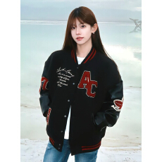 美式高街复古刺绣棒球服男女春秋季欧美痞帅皮袖夹克潮牌情侣外套