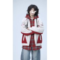 美式假两件格子外套男款春秋短款机车夹克cleanfit连帽情侣棒球服