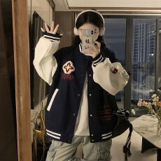 国潮美式复古刺绣字母拼接棒球服女春季新款学生撞色宽松夹克外套