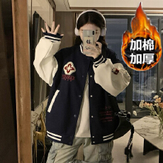 批发美式复古撞色棒球服外套女<b class='q'>冬</b>季新款字母刺绣vintage飞行夹克上衣