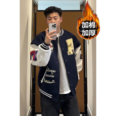 藏蓝色字母刺绣棒球服男女款春秋美式复古情侣夹克设计感短款外套