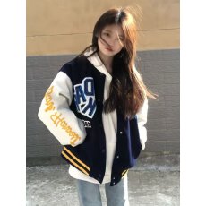 美式复古植绒刺绣字母棒球服外套女秋季新款国潮高街立领情侣夹克